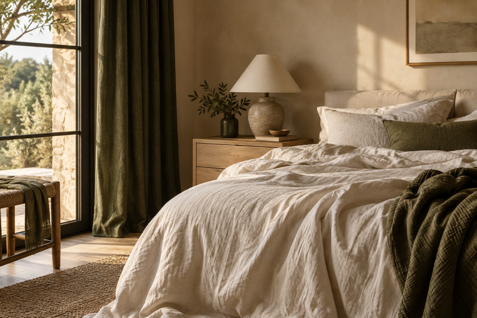 A calm bedroom with cream linen, oak furniture and green curtains.
