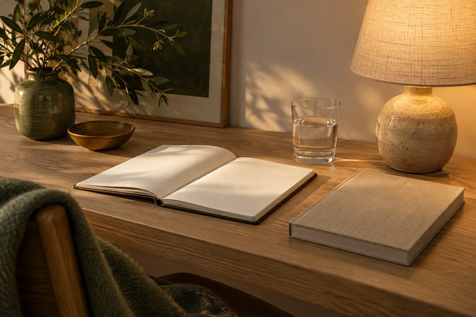 A quiet evening still life with a notebook, book, lamp and water.