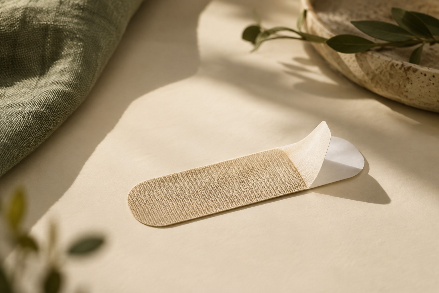 Concept image of a fabric adhesive strip and release backing; not a Sleep Karma product photograph.