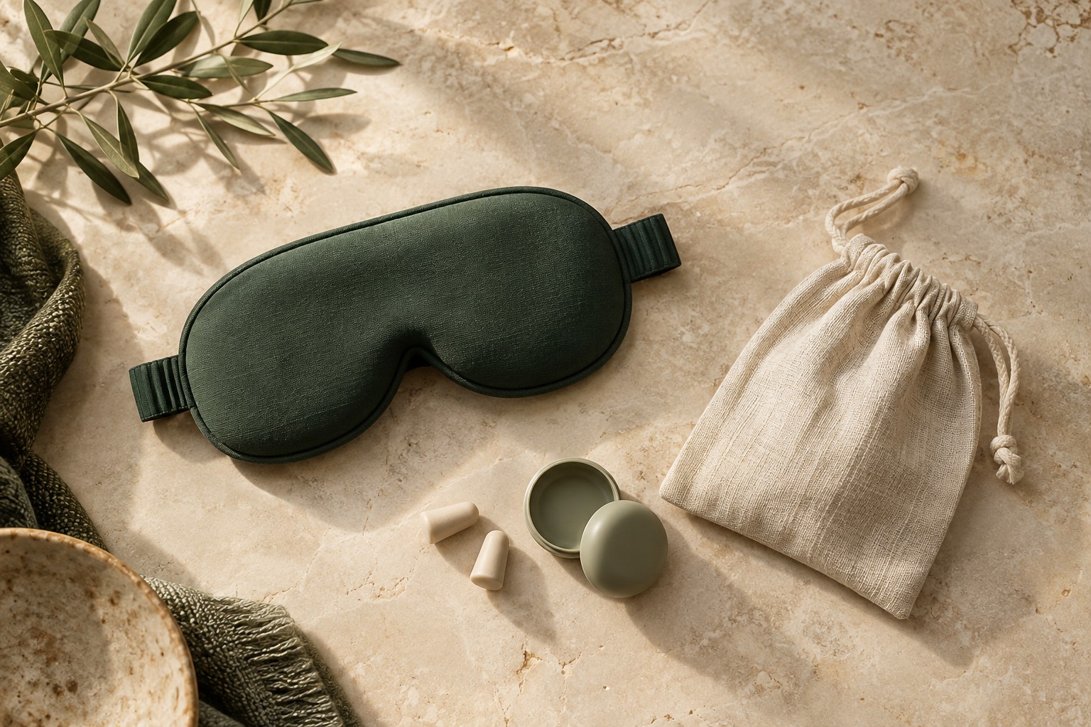 Concept travel kit with a sleep mask, earplugs and linen pouch.